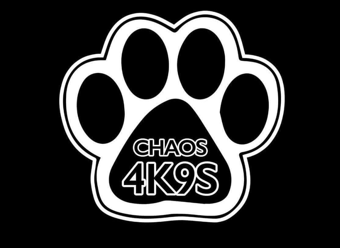 Black and White Dog Paw Logo that says CHAOS4K9S in the middle.