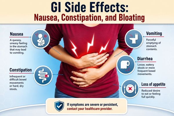 GI side effects include nausea, constipation, and bloating with warning signs.