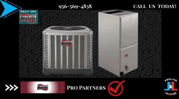 Two RUUD AC units together with RUUD Pro Partner logo and phone number 956-569-4838.