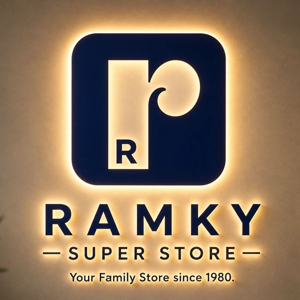 Logo of Ramky Super Store with glowing effect.