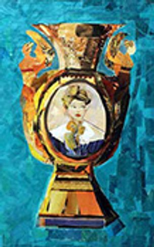 Ornate gold trophy with portrait.