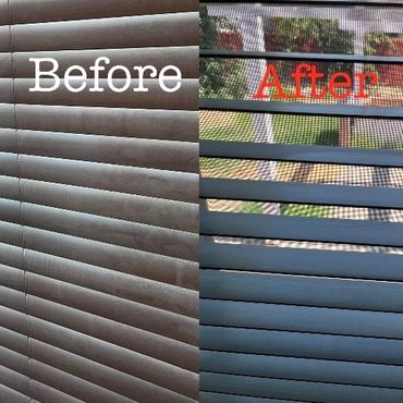 Before and after comparison of window blinds, showing cleaning results.