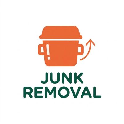 Logo for junk removal service with trash bin and arrow.