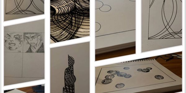 Collage of hand-drawn black ink illustrations showing early process sketches, geometric linework, and abstract patterns from Cup and Poem’s creative archive.