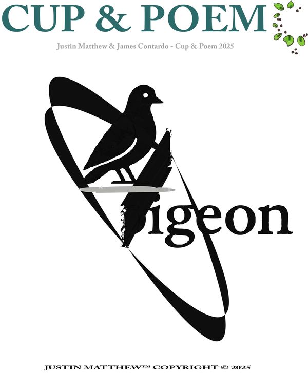 Logo featuring a pigeon and quill pen with the text 'CUP & POEM' and 'pigeon'.