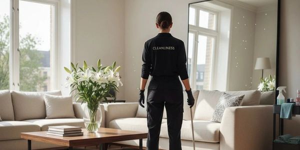 A cleaner stands in a bright living room holding a mop, wearing a uniform with 'CLEANLINESS' on the back.