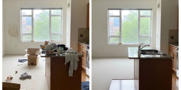 Before and after photos of a kitchen cleaning and decluttering.
