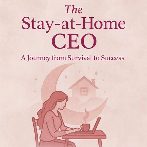 Illustration of a woman working on a laptop at home with the title 'The Stay-at-Home CEO'.