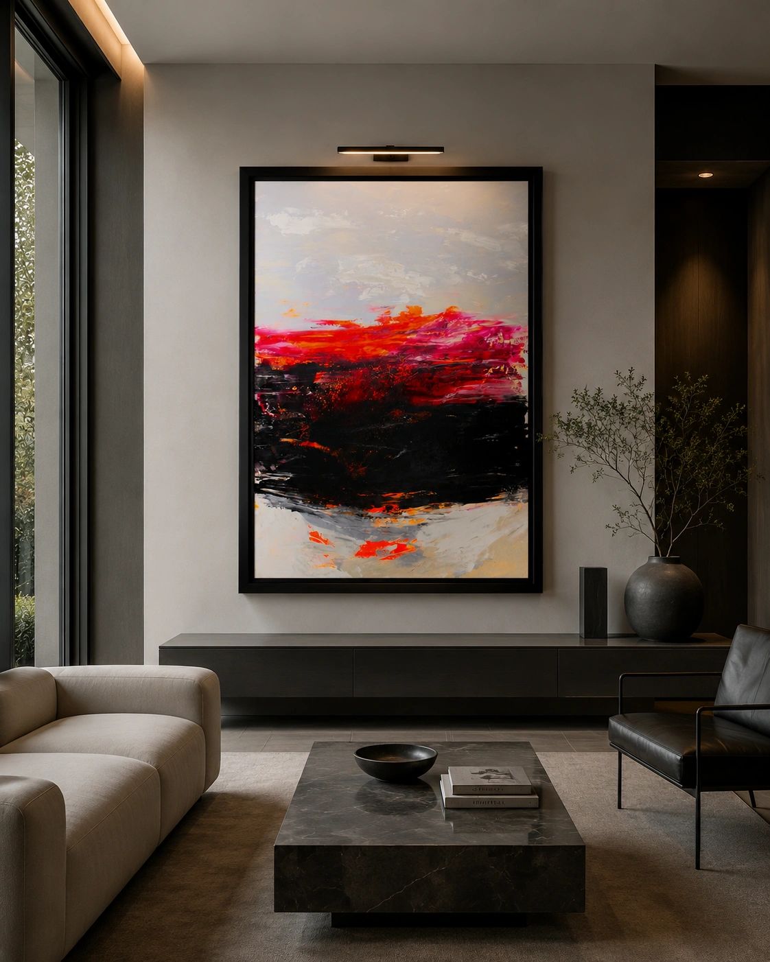 Modern living room with bold abstract painting.