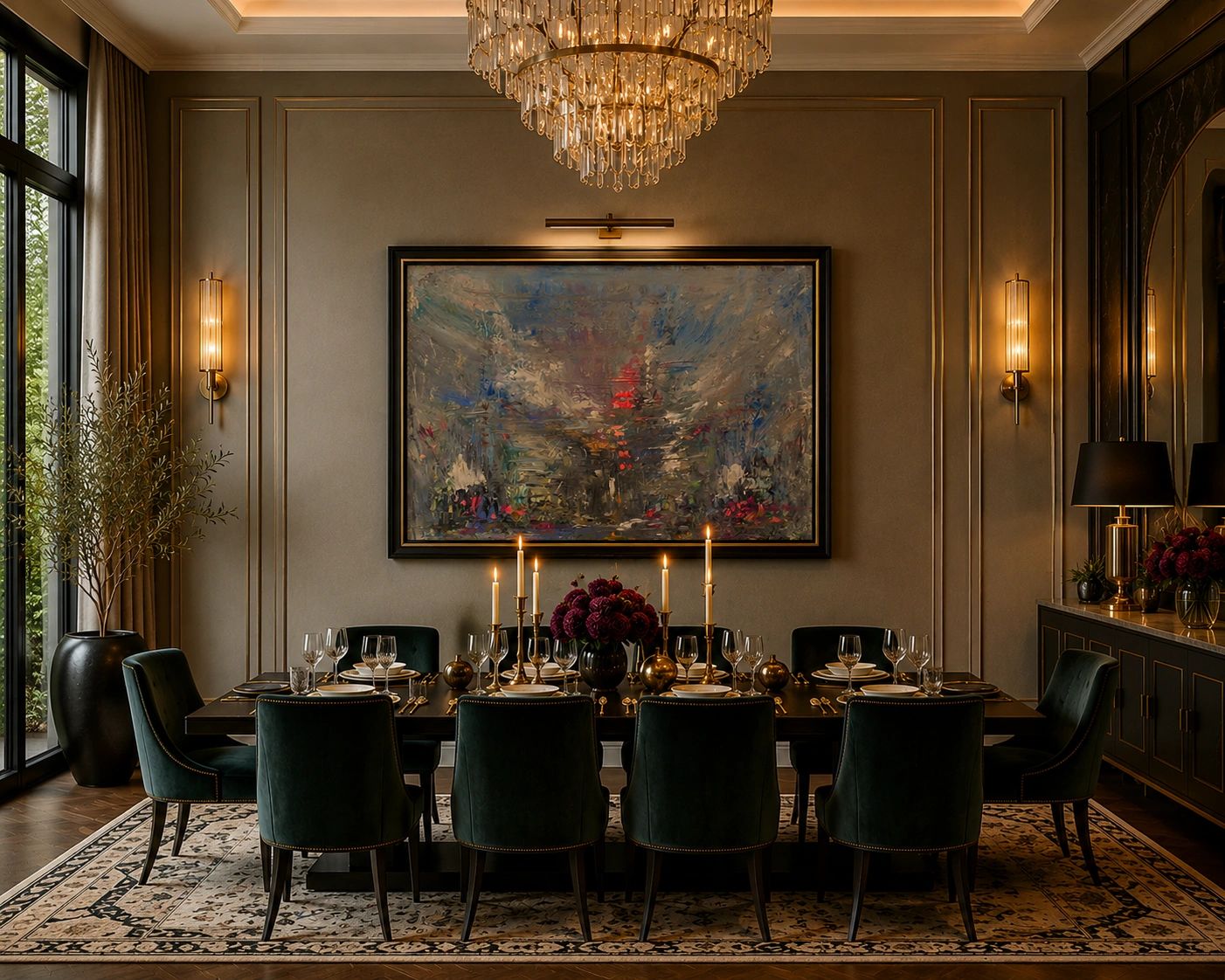 Elegant dining room with dark green chairs and candle centerpiece.