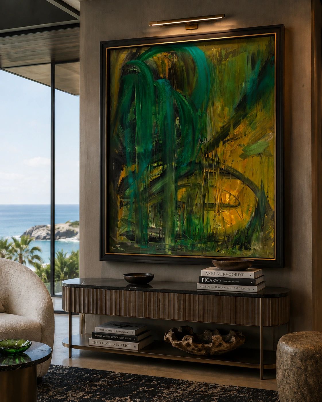 Abstract green and yellow painting in a modern room.