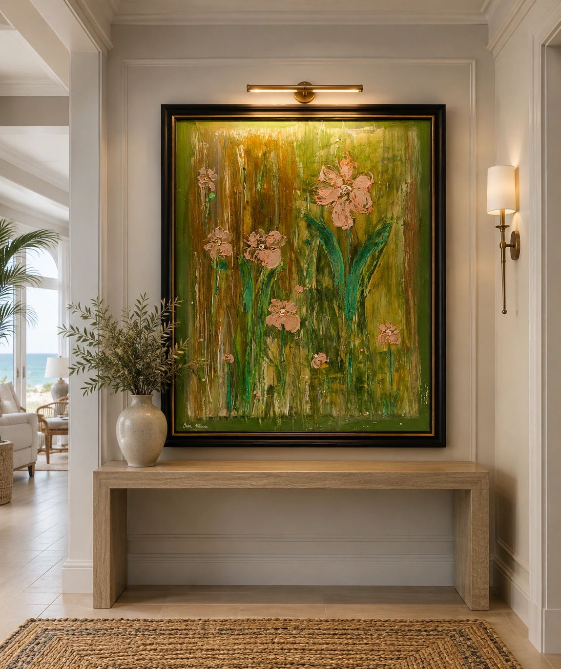 Painting of flowers above a wooden bench in a stylish hallway.