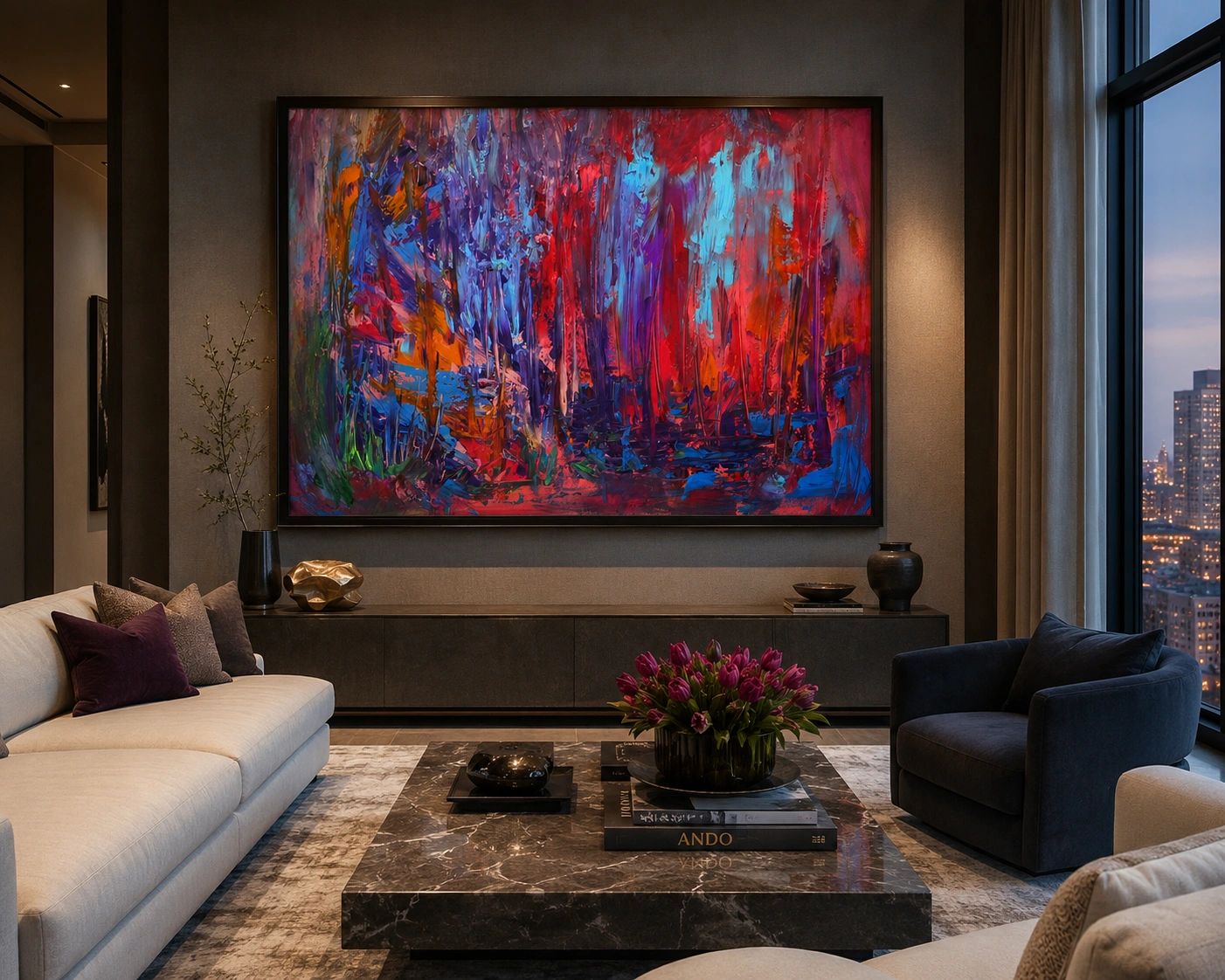 Modern living room with abstract painting and city view.