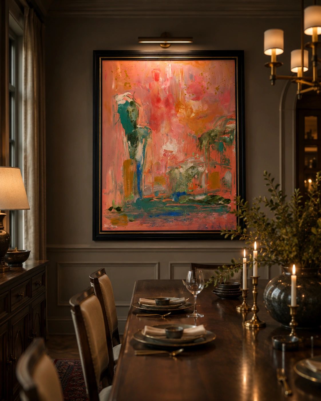 Elegant dining room with abstract painting and candlelight.