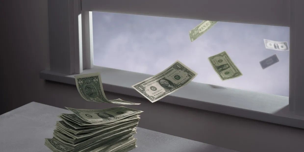 A stack of American Dollar Bills sits on a table, blowing out an open window.