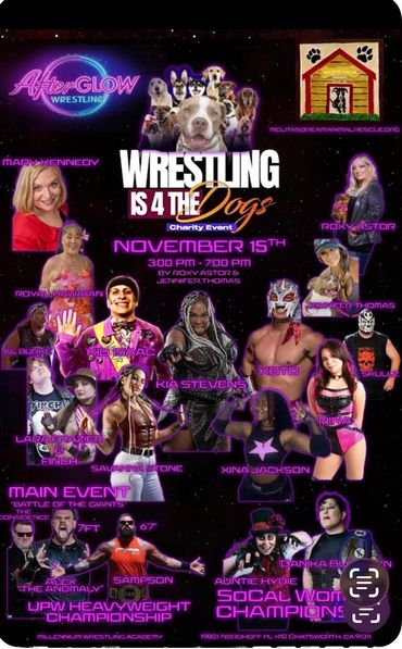 Promotional poster for a charity wrestling event featuring various wrestlers and dogs.