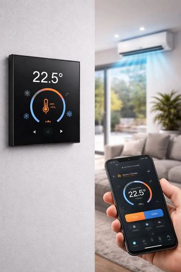 Smart thermostat controlled via smartphone app displaying 22.5°C.