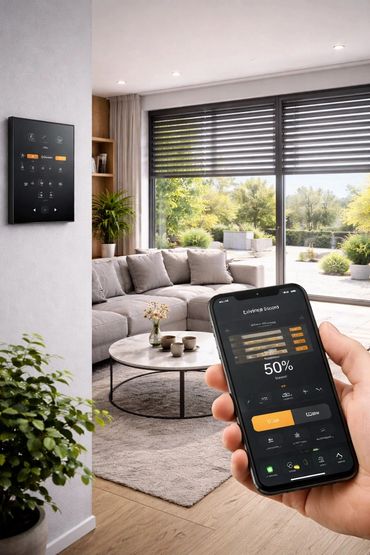 Person controlling smart blinds in a modern living room via smartphone app.