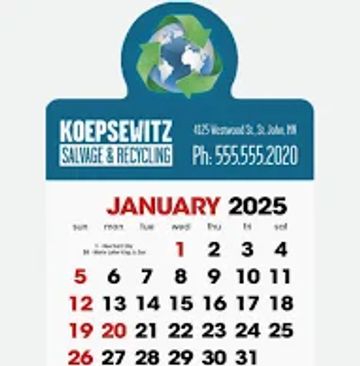 Koepsewitz Salvage & Recycling January 2025 calendar with contact info.