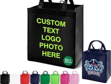 Customizable reusable tote bags in various colors.