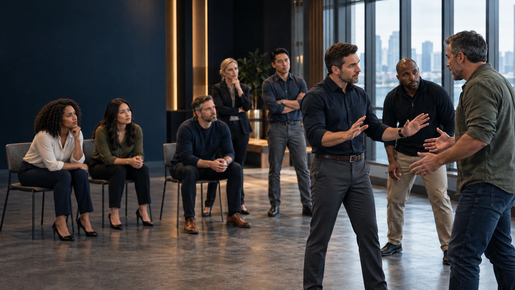 Group therapy session with a man calming down another man.