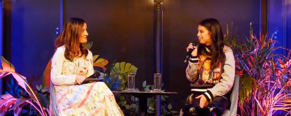 Laura Clark, left, interviews Indigenous actress Amber Midthunder.