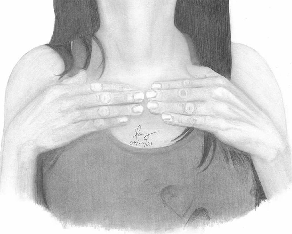 An illustration of a woman holding her hands at her upper chest area