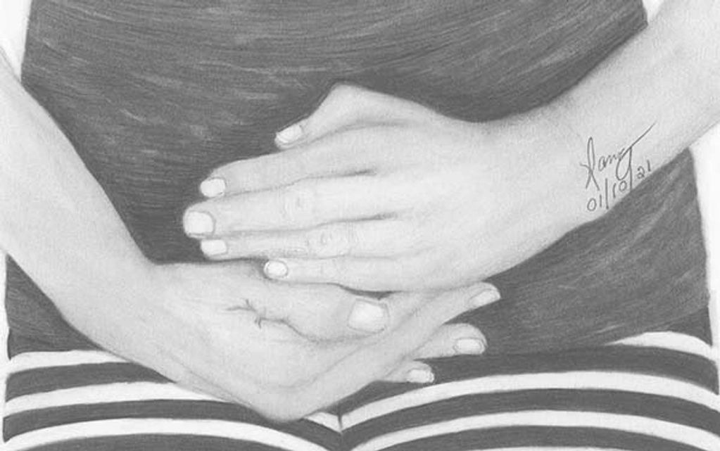 A drawing of a pair of hands cupping the abdomen area