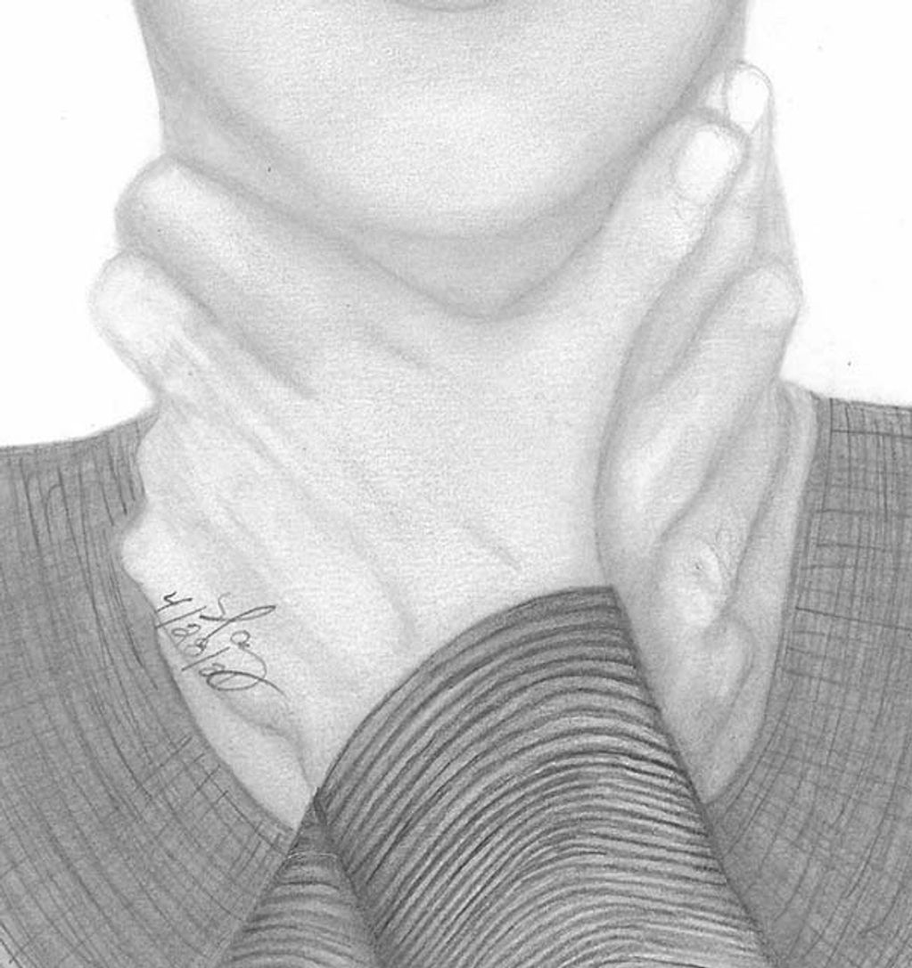 Black and white drawing of hands holding a neck