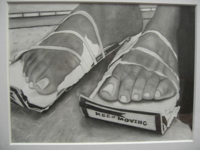 Black and white illustration of feet wearing makeshift slippers