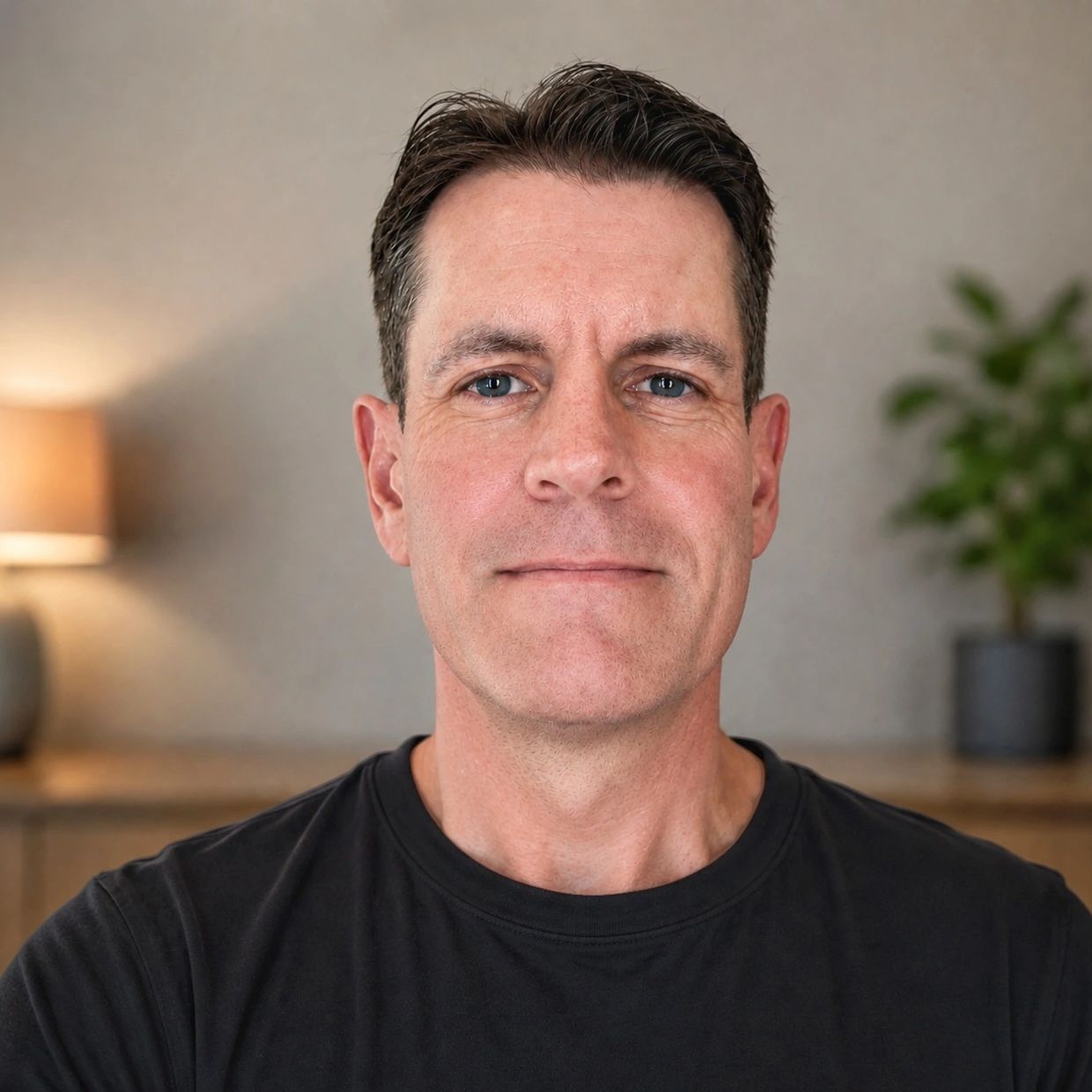 Confident man with blue eyes in a black t-shirt.