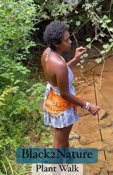Person on a nature walk by a stream.