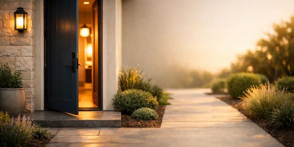 Open front door of a warmly lit home with a peaceful garden path.