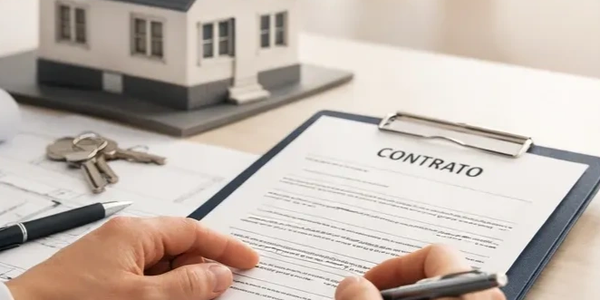 Person signing a home contract with keys and a house model on the table.