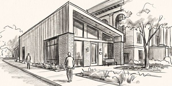 Sketch of a modern building with people nearby.