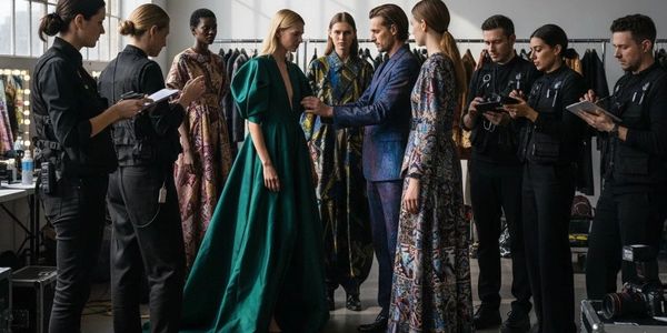 Fashion designers and models preparing backstage at a runway show.