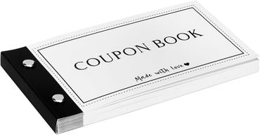 A black and white coupon book labeled 'Made with love'.