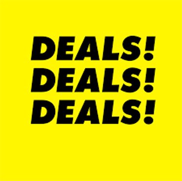 Bright yellow sign with bold black text saying 'DEALS! DEALS! DEALS!'