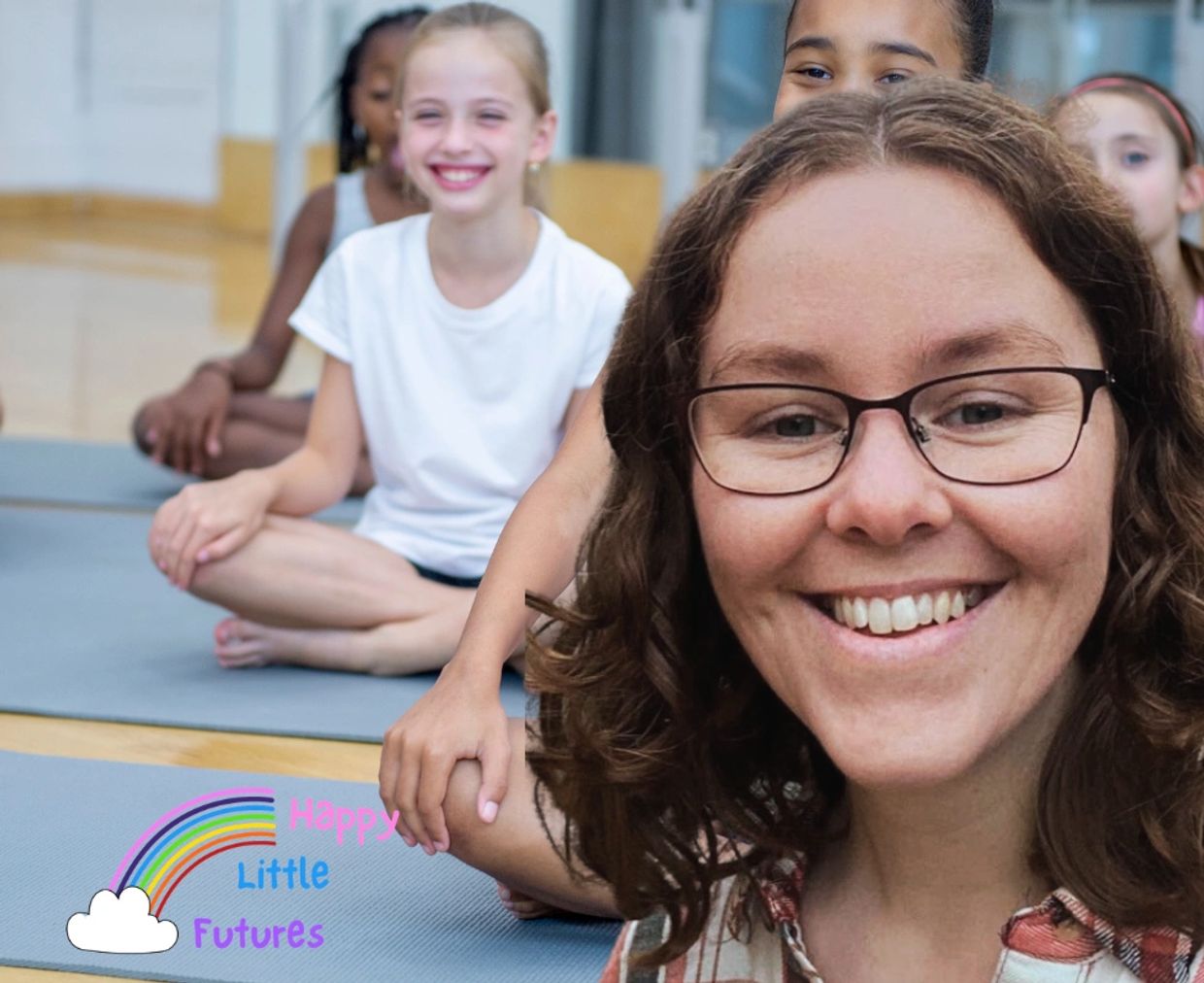 Smiling teacher with children sitting on mats in a bright room.