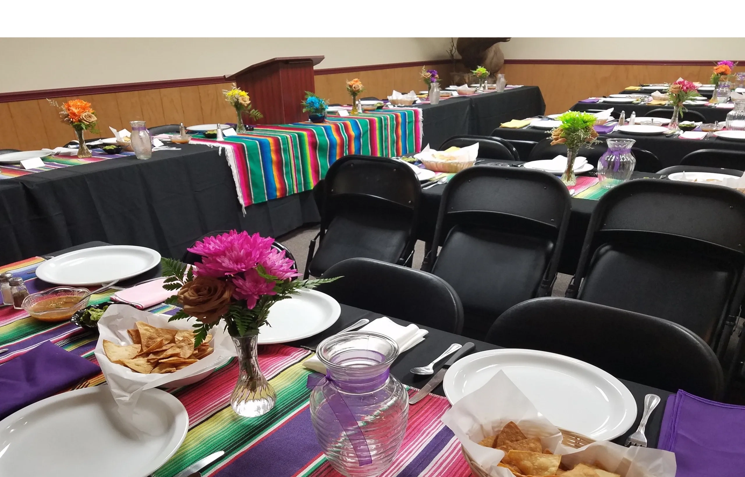 A photo taken in the smaller area of the Lodge Room set up by a renter for a Mexican-themed luncheon