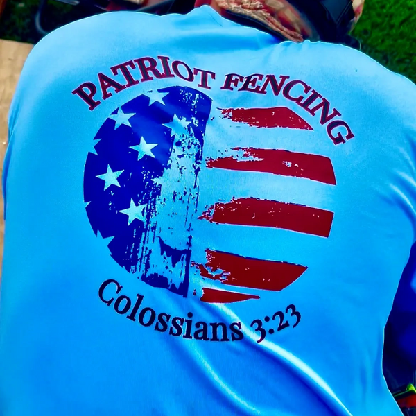 Person wearing a blue shirt with Patriot Fencing logo and Colossians 3:23 text.