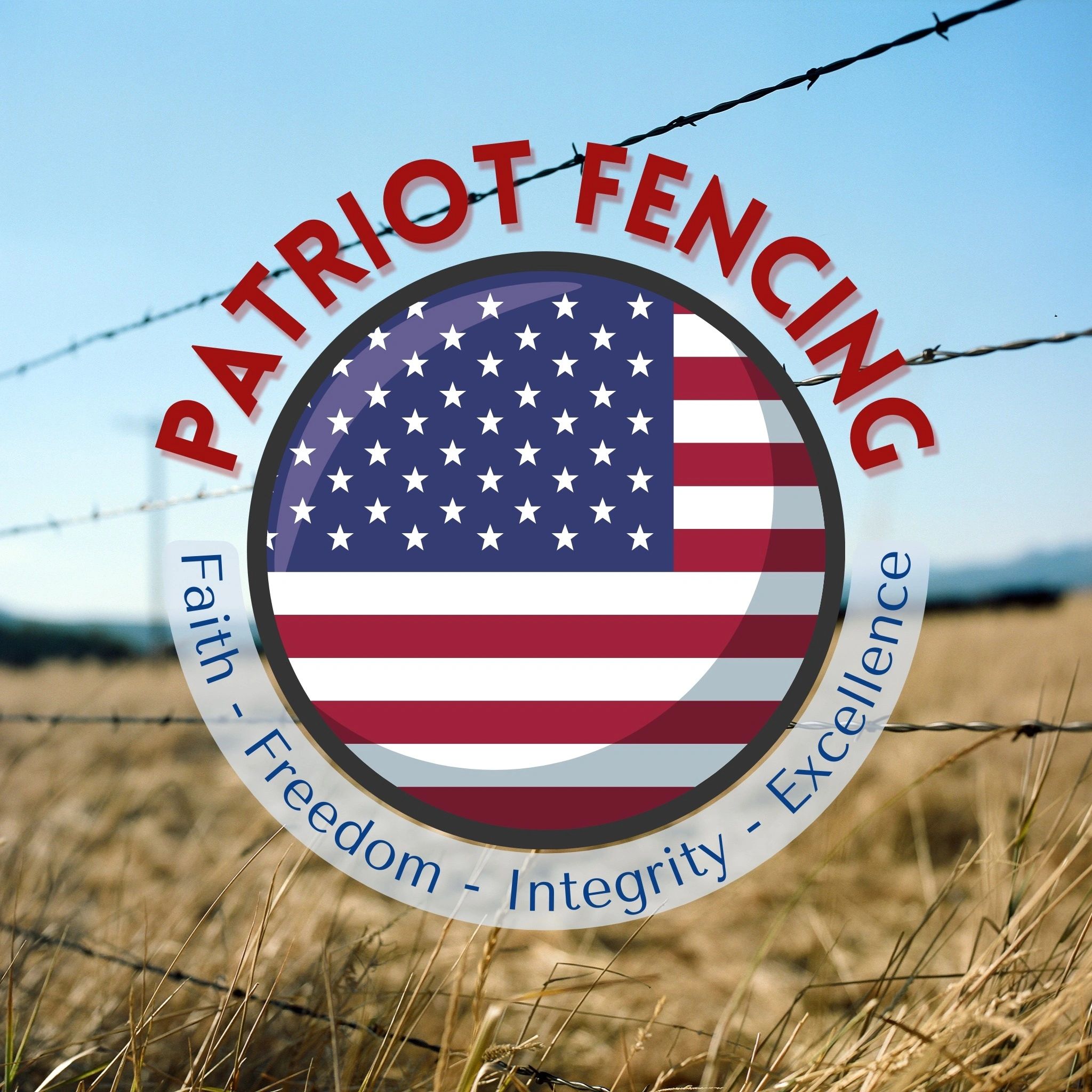 Logo of Patriot Fencing with American flag and core values.