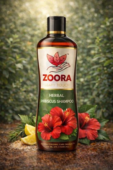 Zoora Herbal Hibiscus Shampoo bottle with hibiscus flowers and lemon slices.