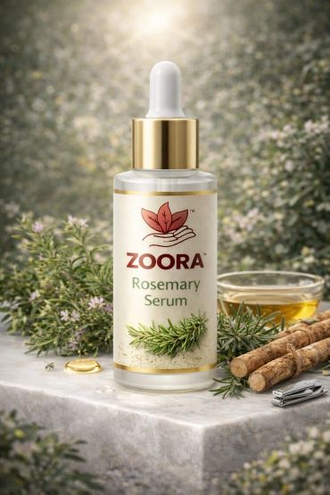Bottle of Zoora Rosemary Serum with natural rosemary and herbal elements.
