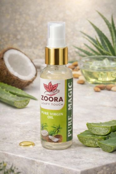 Zoora Leafy Touch Pure Virgin Oil with natural ingredients like coconut and aloe vera.