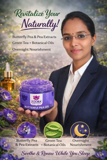 Woman presenting Zoora Butterfly Pea Gel with natural ingredients for overnight nourishment.
