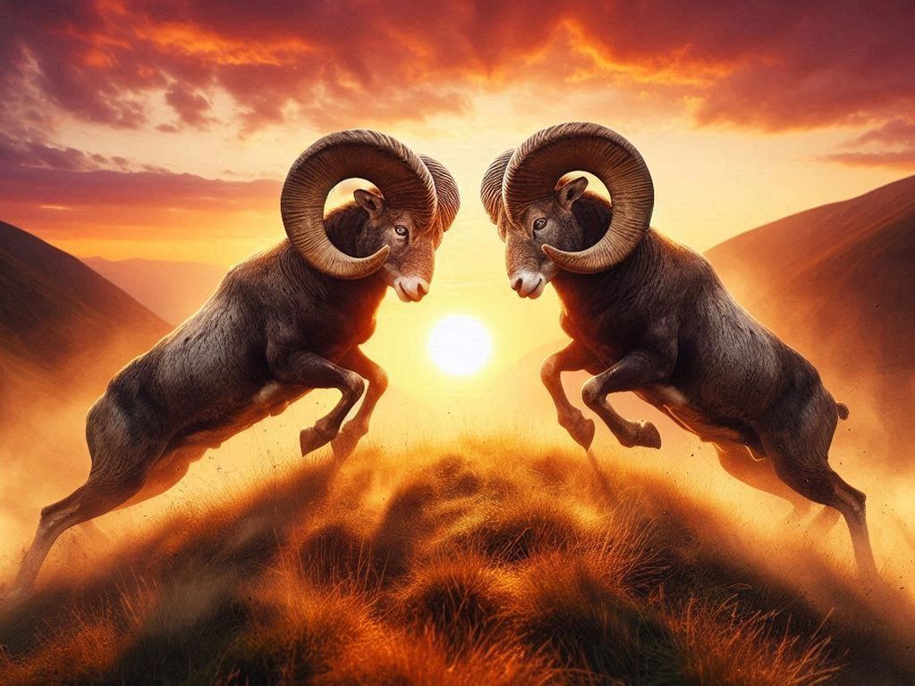 Two rams charging towards each other.