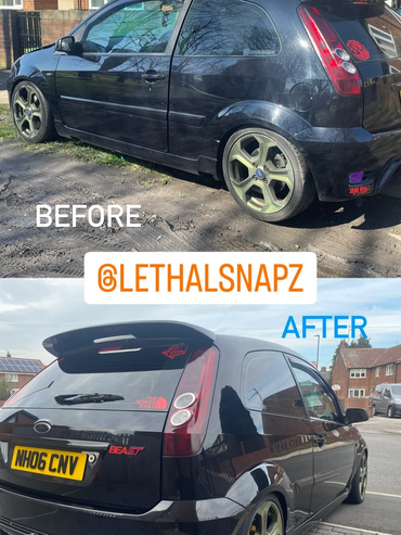 Before and after shots of a modified black car with upgraded rear bumper and decals.