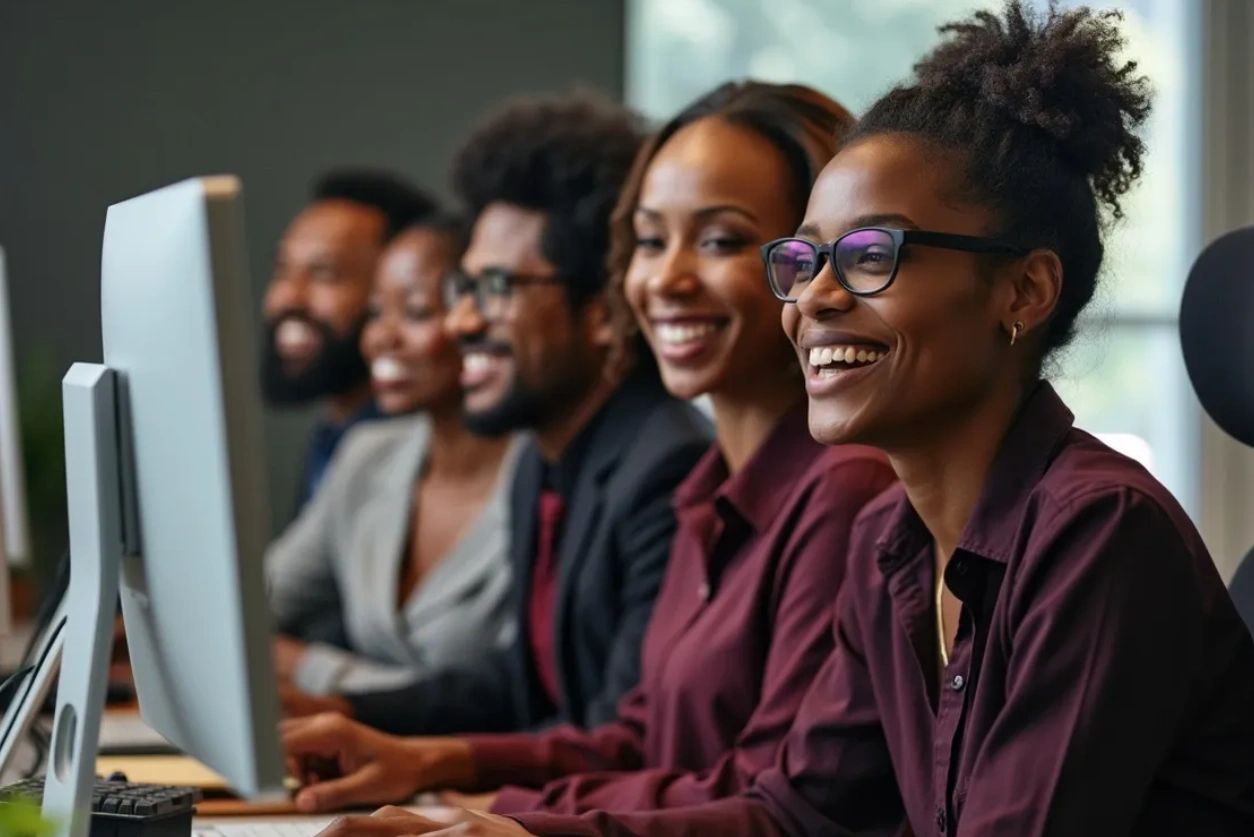 Group of black people in office smiling behind computers