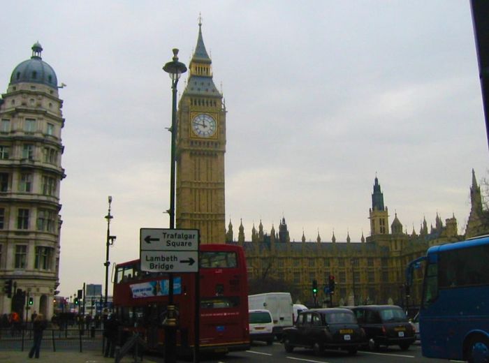 Big Ben is the ancient clock from 1859 in Victoria Tower next to Westminster Bridge on the Thames.